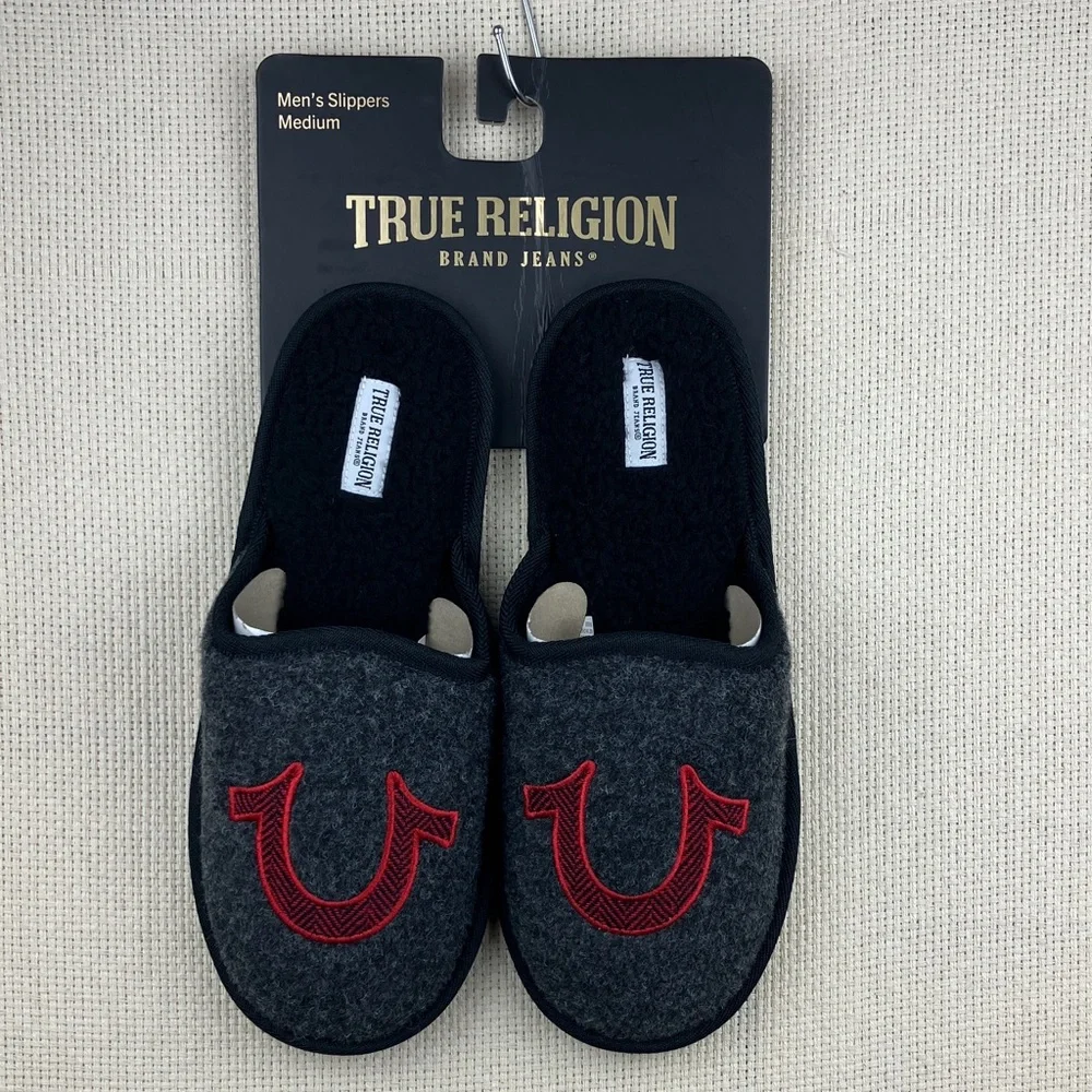True Religion Horseshoe Slippers Gray Red NWT